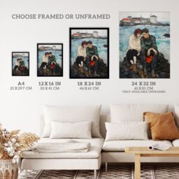 Wee Blue Coo Wall Art Print The Heart To Heart Egon Schiele Style Couple Sitting in Coastal Landscape Blue Grey Red Oil Painting Poster - thumbnail 3