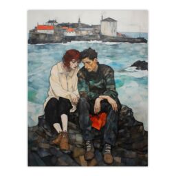 Wee Blue Coo Wall Art Print The Heart To Heart Egon Schiele Style Couple Sitting in Coastal Landscape Blue Grey Red Oil Painting Poster - thumbnail 1