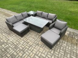 Fimous PE Rattan Outdoor Garden Furniture Sets Height Adjustable Rising lifting Dining Table Sofa Set with Side Tables Reclining Chair in Dark Grey - thumbnail 2