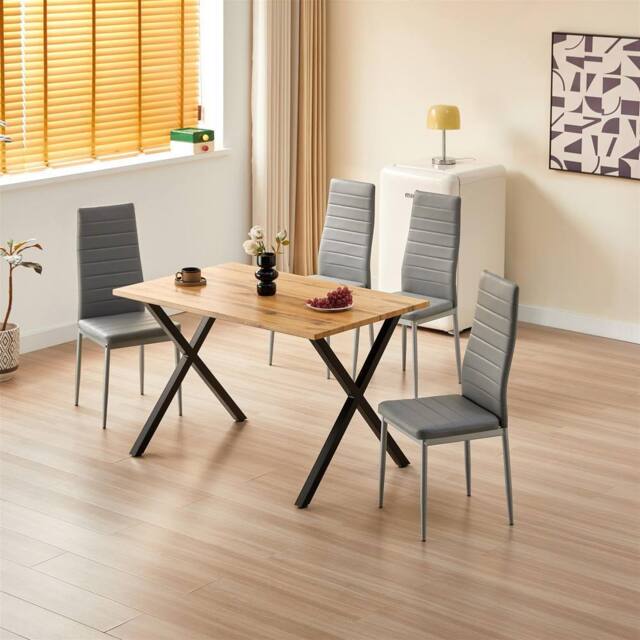 KOSY KOALA Wooden Dining Table with 4 Grey Leather Chairs - Dining Kitchen Room Furniture in Brown - image 1