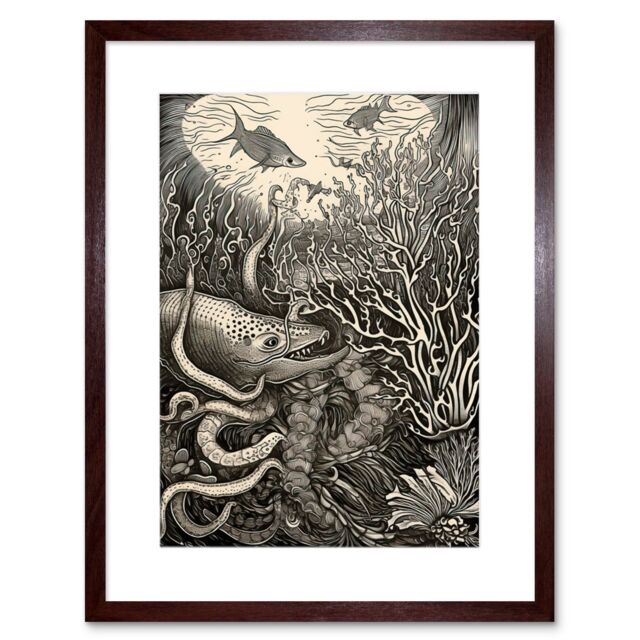 "Artery8 Wall Art Print Aquatic Animals & Plants Linocut Artwork Framed 9X7 Inch in Brown - Size: W7"" x H9""" - image 1