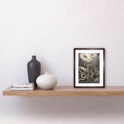 "Artery8 Wall Art Print Aquatic Animals & Plants Linocut Artwork Framed 9X7 Inch in Brown - Size: W7"" x H9""" - thumbnail 2