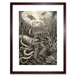 "Artery8 Wall Art Print Aquatic Animals & Plants Linocut Artwork Framed 9X7 Inch in Brown - Size: W7"" x H9""" - thumbnail 1