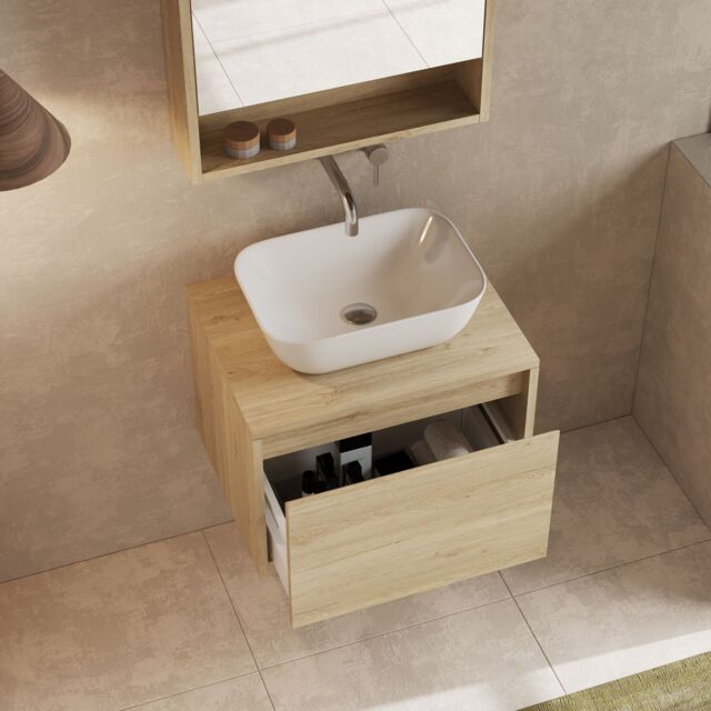 Banyetti Mino 600mm Wall Hung Vanity Unit with Matching Worktop- Natural Oak in Light Oak - image 1