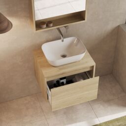 Banyetti Mino 600mm Wall Hung Vanity Unit with Matching Worktop- Natural Oak in Light Oak - thumbnail 1