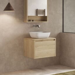 Banyetti Mino 600mm Wall Hung Vanity Unit with Matching Worktop- Natural Oak in Light Oak - thumbnail 3