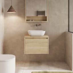 Banyetti Mino 600mm Wall Hung Vanity Unit with Matching Worktop- Natural Oak in Light Oak - thumbnail 2