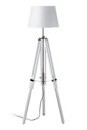 Orsina Adjustable Floor Lamp with Chrome Accents, Natural Grey Wooden Tripod Legs, Contemporary Fabric Shade in White
