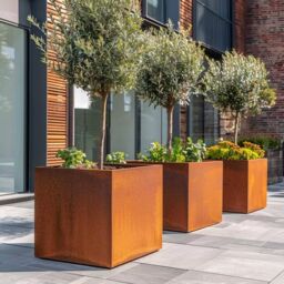 Woven Wood 50cm Corten Steel Cube Planter in Light Brown - thumbnail 3