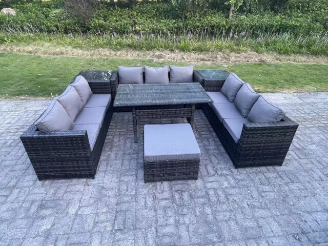 Fimous Outdoor PE Wicker Garden Furniture Rattan Lounge Sofa Set Patio Dining Table 2 Side Table 10 Seater in Dark Grey - image 1