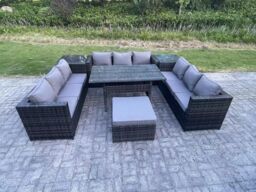 Fimous Outdoor PE Wicker Garden Furniture Rattan Lounge Sofa Set Patio Dining Table 2 Side Table 10 Seater in Dark Grey - thumbnail 1