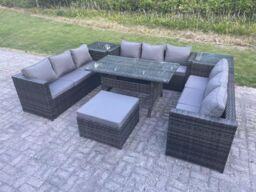 Fimous Outdoor PE Wicker Garden Furniture Rattan Lounge Sofa Set Patio Dining Table 2 Side Table 10 Seater in Dark Grey - thumbnail 3