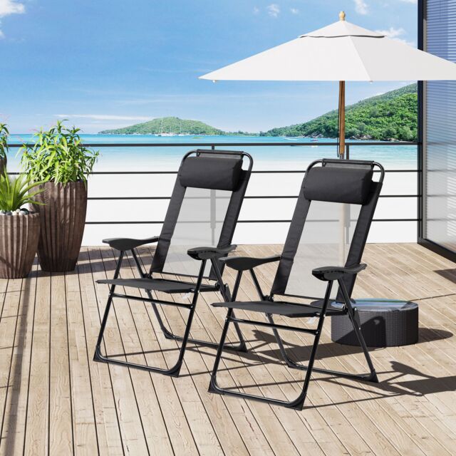 OUTSUNNY Garden Chairs Set of 2 Folding Camping Chair Recliners in Black - Size: 2 Pack - image 1
