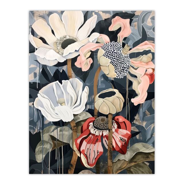 "Artery8 Anemone Flowers After Storm Floral Painting Wall Art Print in Dark Blue - Size: W18"" x H24""" - image 1