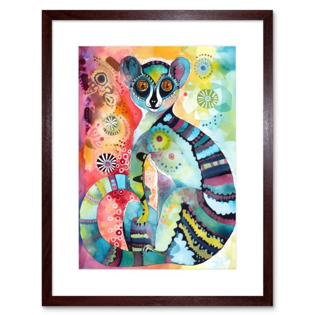 "Artery8 Wall Art Print Striped Ring-Tailed Lemur Multicoloured Folk Art Watercolour Painting Artwork Framed 9X7 Inch in Brown - Size: W7"" x H9""" - image 1