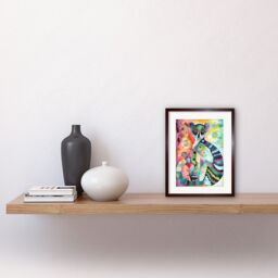 "Artery8 Wall Art Print Striped Ring-Tailed Lemur Multicoloured Folk Art Watercolour Painting Artwork Framed 9X7 Inch in Brown - Size: W7"" x H9""" - thumbnail 2