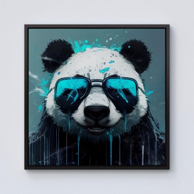 "Warren Reed - Designer Panda With Blue Glasses Splashart Framed Canvas in Black - Size: W16"" x H16""" - image 1
