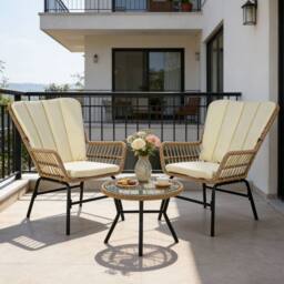 Gymax 3 Piece Patio Bistro Set With Cushions & Glass Table for Outdoor in Beige - thumbnail 3