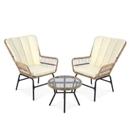 Gymax 3 Piece Patio Bistro Set With Cushions & Glass Table for Outdoor in Beige - thumbnail 1