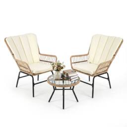 Gymax 3 Piece Patio Bistro Set With Cushions & Glass Table for Outdoor in Beige - thumbnail 5