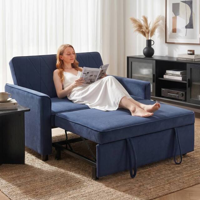 HOMCOM 2 Seater Sofa Bed, 3-in-1 Velvet Pull Out Sleeper Sofa, Dark Blue - image 1
