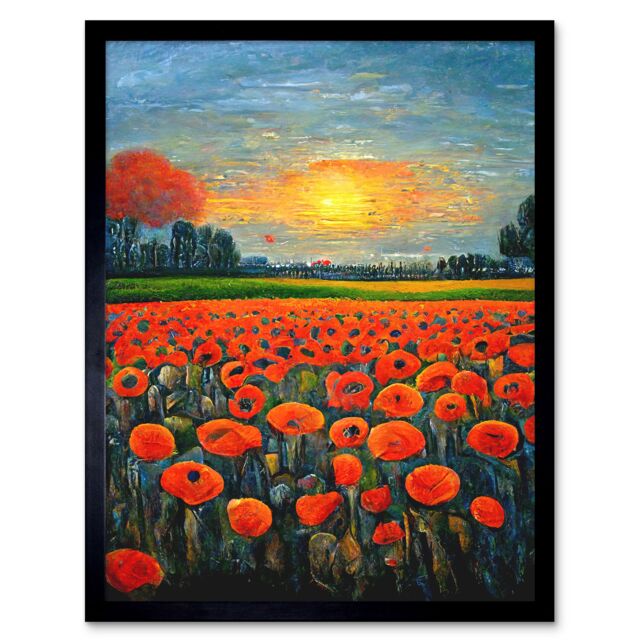 "Artery8 Wall Art Print Flanders Field At Sunset Expressionism Oil Paint Poppy Flowers Art Framed in Black - Size: W12"" x H16""" - image 1