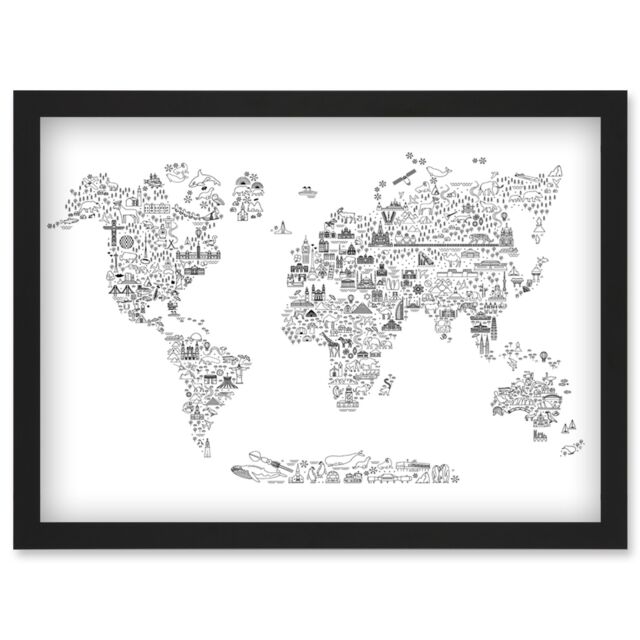 Artery8 World Travel Landmark Line Icons Map For Kids Bedroom Education Artwork Framed Wall Art Print A4 in Black - image 1