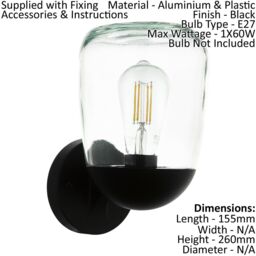 Loops IP44 Outdoor Wall Light Black Aluminium & Plastic 1 x 60W E27 Bulb Lamp - thumbnail 2