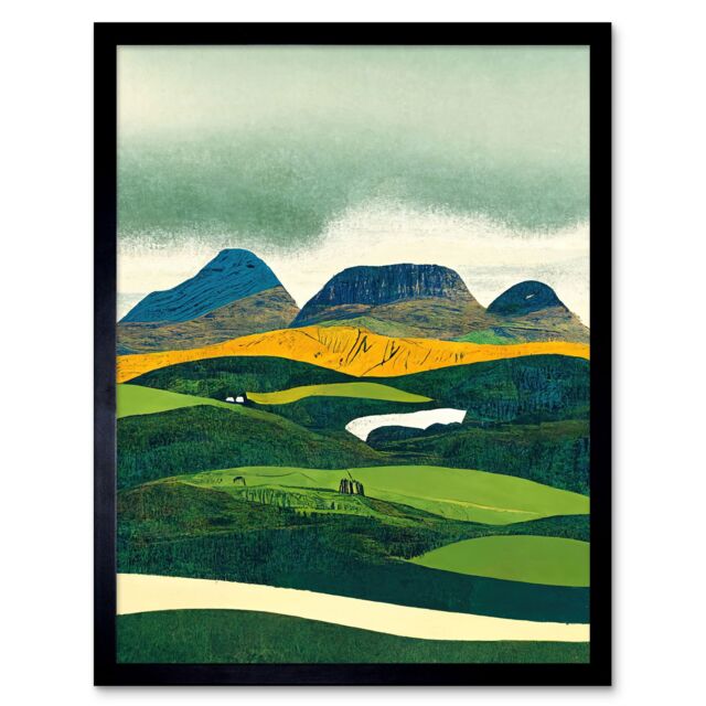 "Artery8 Wall Art Print Scottish Highland Munros Landscape Linocut Art Framed in Black - Size: W12"" x H16""" - image 1