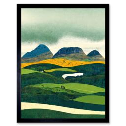 "Artery8 Wall Art Print Scottish Highland Munros Landscape Linocut Art Framed in Black - Size: W12"" x H16""" - thumbnail 1