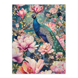 "Artery8 Peacock Bird Cherry Blossom Flower Tree Design Wall Art Print in Pink - Size: W18"" x H24""" - thumbnail 1