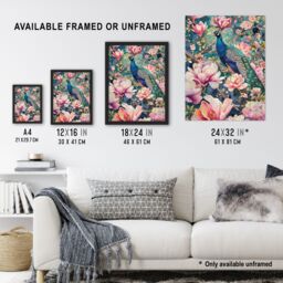 "Artery8 Peacock Bird Cherry Blossom Flower Tree Design Wall Art Print in Pink - Size: W18"" x H24""" - thumbnail 3