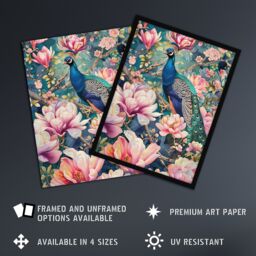 "Artery8 Peacock Bird Cherry Blossom Flower Tree Design Wall Art Print in Pink - Size: W18"" x H24""" - thumbnail 2