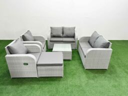 Fimous 7 Seater Outdoor Reclining Chair Love Sofa Set Rattan Garden Furniture Set with Square Coffee Table Footstool Light Grey - thumbnail 2