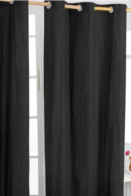 Homescapes Plain Cotton Ready Made Eyelet Curtain Pair in Black - Size: 117 cm width x 137 cm drop - image 1