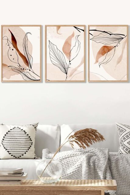 ARTZE Set of 3 Oak Framed Graphical Line Art Autumn Leaves Wall Art in Pale Orange - Size: W33 cm x H45 cm x D20mm - image 1