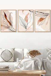 ARTZE Set of 3 Oak Framed Graphical Line Art Autumn Leaves Wall Art in Pale Orange - Size: W33 cm x H45 cm x D20mm - thumbnail 1