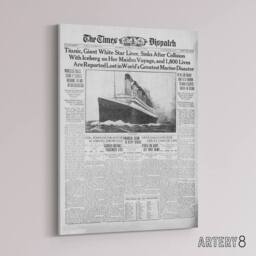 "Artery8 Newspaper Front Page 1912 Titanic Disaster Canvas Wall Art Print in Grey - Size: W24"" x H32""" - thumbnail 2