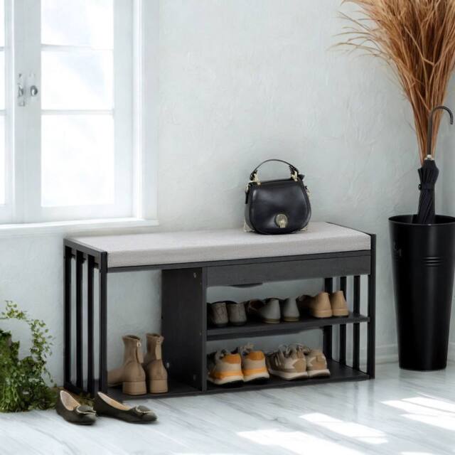 FURNOS Shoe Storage Bench With Cushioned Seat & Storage Shelves in Grey - image 1