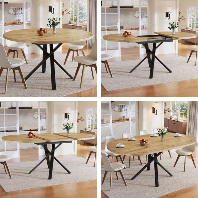 BTM Extendable Dining Table Round to Oval Metal Frame Kitchen Table in Natural - image 1