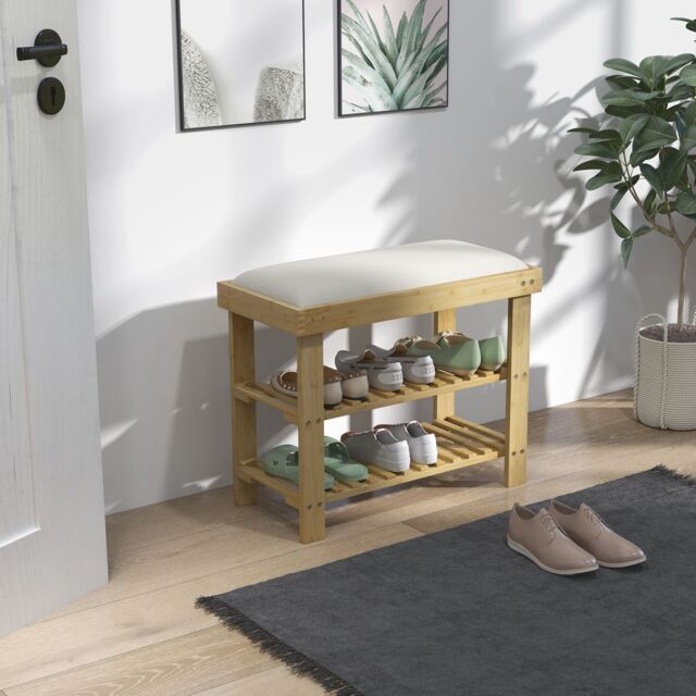 HOMCOM 3-Tier Shoe Storage Bench, Bamboo Shoe Rack for Entryway, Cream - image 1