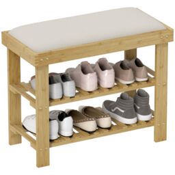 HOMCOM 3-Tier Shoe Storage Bench, Bamboo Shoe Rack for Entryway, Cream - thumbnail 2