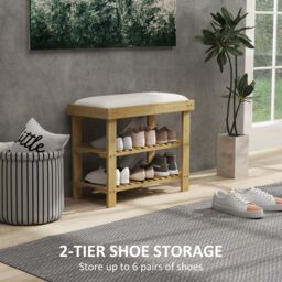 HOMCOM 3-Tier Shoe Storage Bench, Bamboo Shoe Rack for Entryway, Cream - thumbnail 6