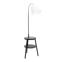 ValueLights Crowther Wooden Side Table Shelved Tripod Floor Lamp with Fabric Shade & Bulb in Black - thumbnail 2