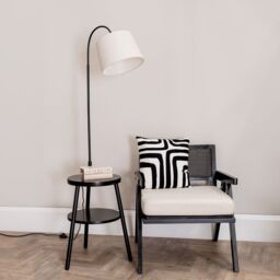 ValueLights Crowther Wooden Side Table Shelved Tripod Floor Lamp with Fabric Shade & Bulb in Black - thumbnail 3
