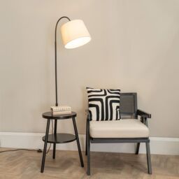 ValueLights Crowther Wooden Side Table Shelved Tripod Floor Lamp with Fabric Shade & Bulb in Black