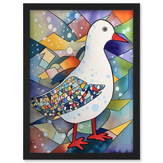 Artery8 Seagull Bird & Snowflakes Folk Art Artwork Framed Wall Art Print A4 in Black - image 1