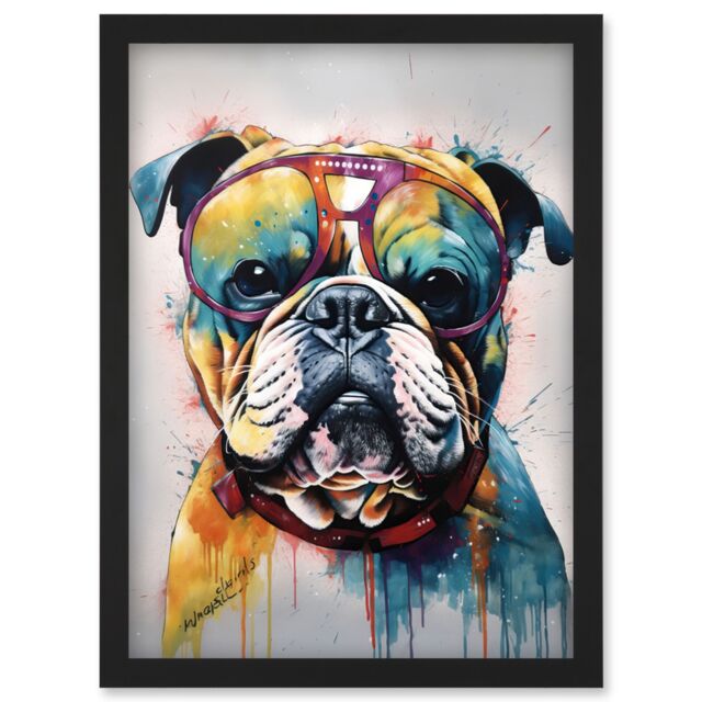 Artery8 English Bulldog Dog Wearing Vintage Sunglasses Artwork Framed Wall Art Print A4 in Black - image 1