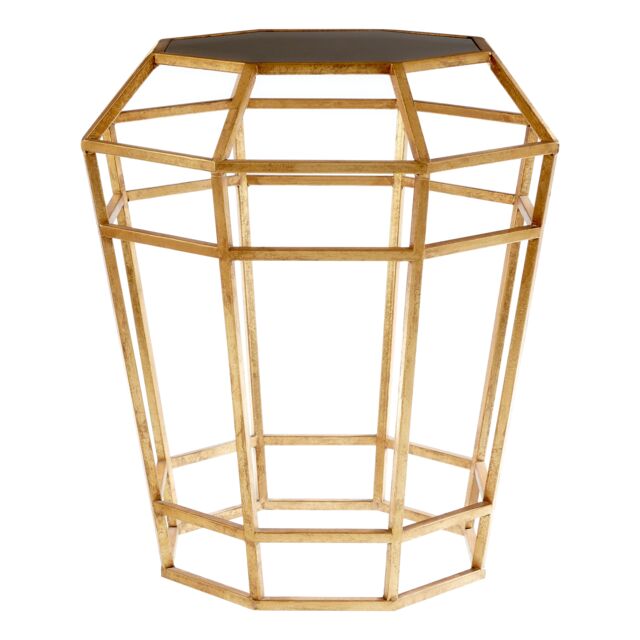 Orsina Geomatric Drum Shaped Table, Stylish Small Table With Octagonal Black Glass Top, Gold Prismatic Side Table - image 1
