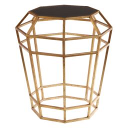 Orsina Geomatric Drum Shaped Table, Stylish Small Table With Octagonal Black Glass Top, Gold Prismatic Side Table - thumbnail 2